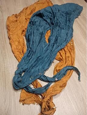 Set of Two Crinkled Scarves with Metallic Coin Details